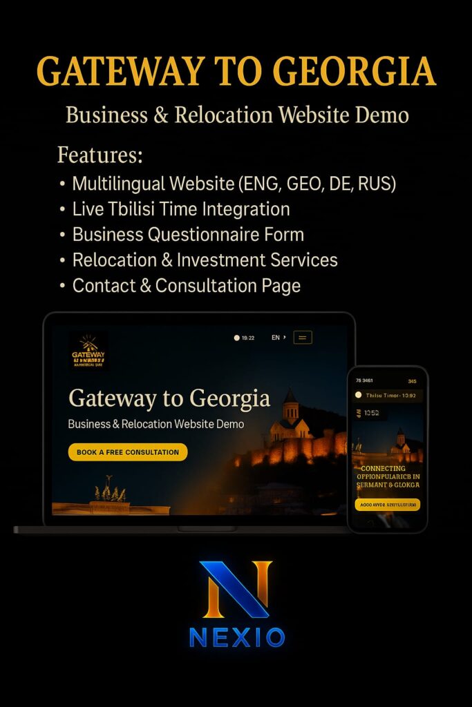 Luxury website demo design by Nexio – Gateway to Georgia business and relocation website sample with black and gold theme.