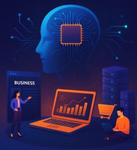 Artificial intelligence business illustration showing data analytics, digital transformation, and modern technology systems