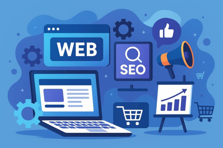"Professional web design, SEO services, digital marketing and website development illustration for Nexio Market"