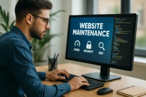 A modern server room with secure digital infrastructure representing website maintenance, speed optimization, and cybersecurity in 2025