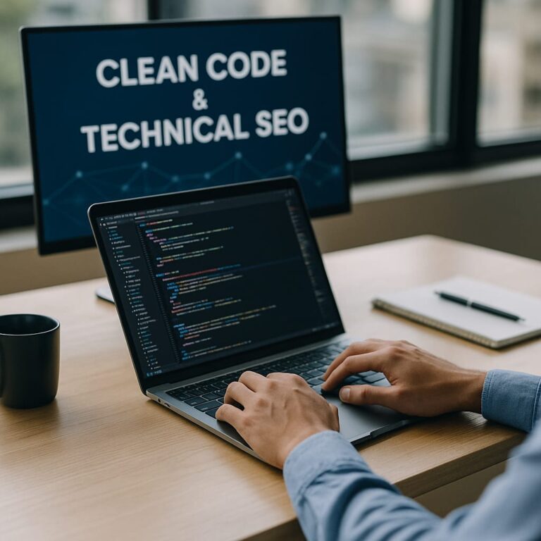 Clean code and technical SEO concept showing optimized website development for higher Google rankings