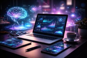 AI-powered web design and website development dashboard showing data analytics, modern website architecture, and intelligent digital infrastructure by NexioMarket