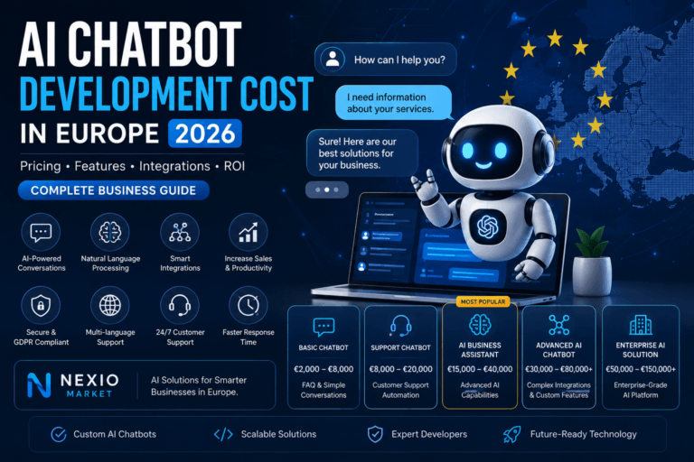 AI chatbot development cost in Europe 2026 with business automation, artificial intelligence assistant, customer support chatbot and digital transformation concept.