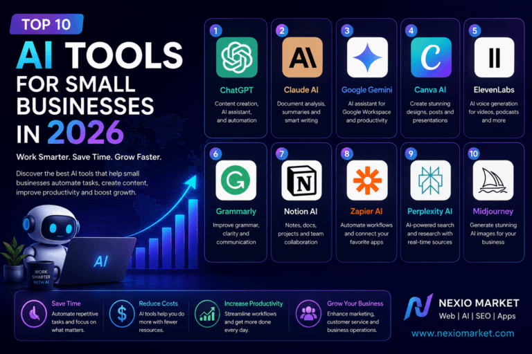 Best AI Tools for Small Businesses in 2026 infographic featuring ChatGPT, Claude AI, Gemini, Canva AI, Notion AI, Zapier AI, ElevenLabs and Midjourney