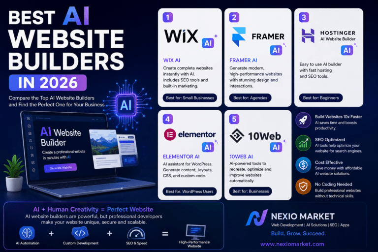 Best AI Website Builders in 2026 comparison featuring Wix AI, Framer AI, Hostinger AI, Elementor AI and 10Web AI for business websites
