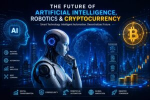 Future of Artificial Intelligence Robotics and Cryptocurrency - AI automation, blockchain technology, machine learning and digital innovation