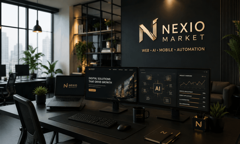 Nexio Market team reviewing custom AI web development and lead generation strategy in modern office