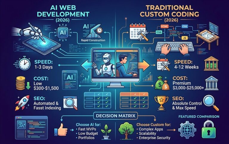 AI Web Development vs Traditional Custom Coding Comparison Infographic 2026