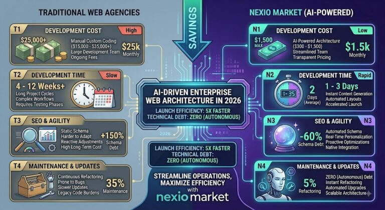 Comparison Infographic of Nexio Market AI Web Agency vs Traditional Web Agencies in 2026