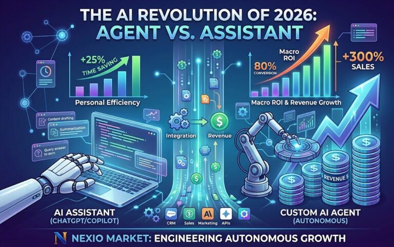 Comparison infographic for Nexio Market article showing the difference between AI Agent vs AI Assistant in 2026, highlighting autonomous business execution and revenue growth metrics for global enterprises.