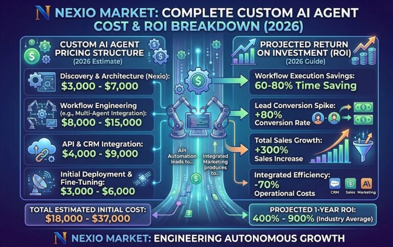 Custom AI Agent Cost breakdown in 2026 infographic by Nexio Market, showcasing development pricing tiers, API integration factors, cloud infrastructure, and ROI formulas for enterprise software decisions.