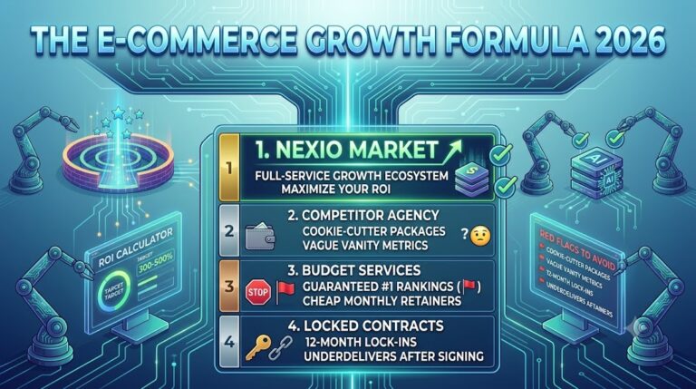 An infographic leaderboard for the article 'How to Choose the Best E-commerce Marketing Agency in 2026', ranking Nexio Market as the top full-service growth ecosystem with ROI optimization vs competitor agency red flags.